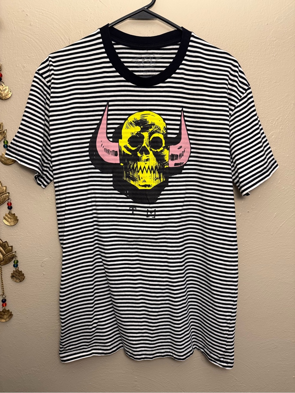 Toy Machine Monster Logo Black & White Striped Graphic Tshirt, Size Large.